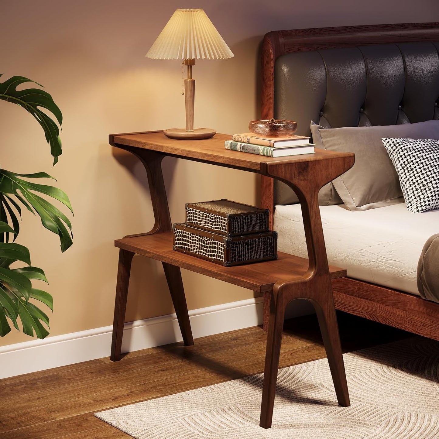 Solid Wood Side Table, 2-Tier Farmhouse Couch Side Table, Rustic Slim Tall Sofa End Table with Storage Shelf for Living Room, Skinny Bedside Table, Nightstand for Bedroom, Rustic Brown