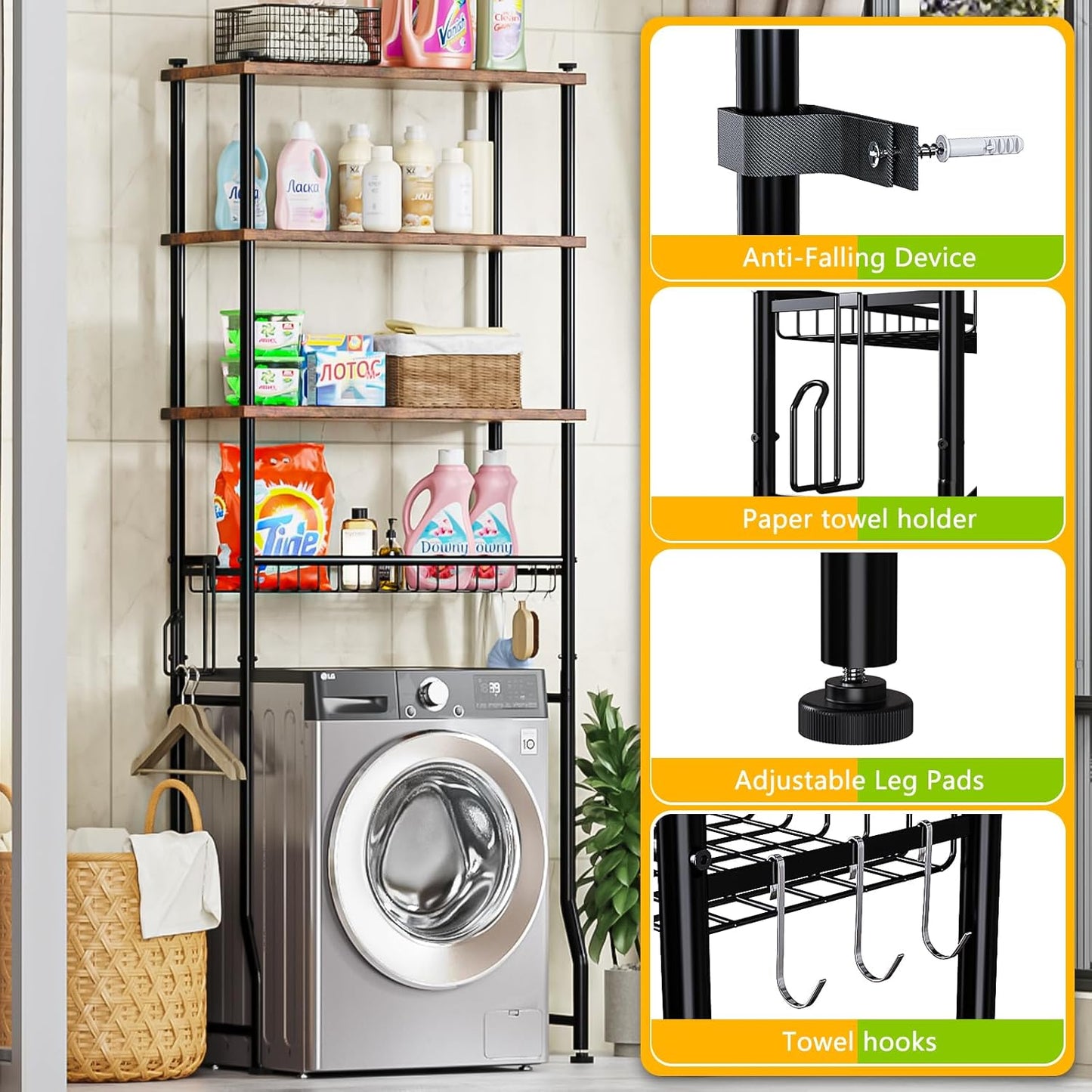 Over-The-Toilet Storage Shelf,4-Tier Bathroom Organizer Cabinet Rack and Storage over Toilet with Shelf Waterproof Feet Pad and Basket,Multifunctional Space Saver Freestanding Bathroom Shelves(Brown)