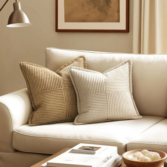 Decorative Throw Pillow Covers for Couch Bed Livingroom 18X18 Inch Set of 2 Beige Boho Accent Throw Pllows Broadside Striped Patchwork Soft Corduroy Pillowcases