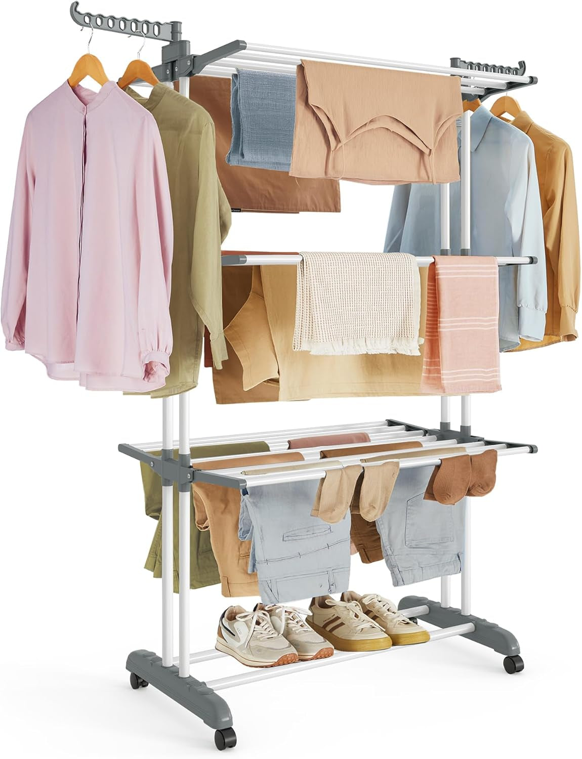 Clothes Drying Rack Stand 4-Tier, Foldable Laundry Drying Rack 68.1-Inch Tall, Stainless Steel, Rolling Clothes Horses Dryer Rack, Easy to Assemble, Indoor Outdoor Use, Cloud White ULLR701W03