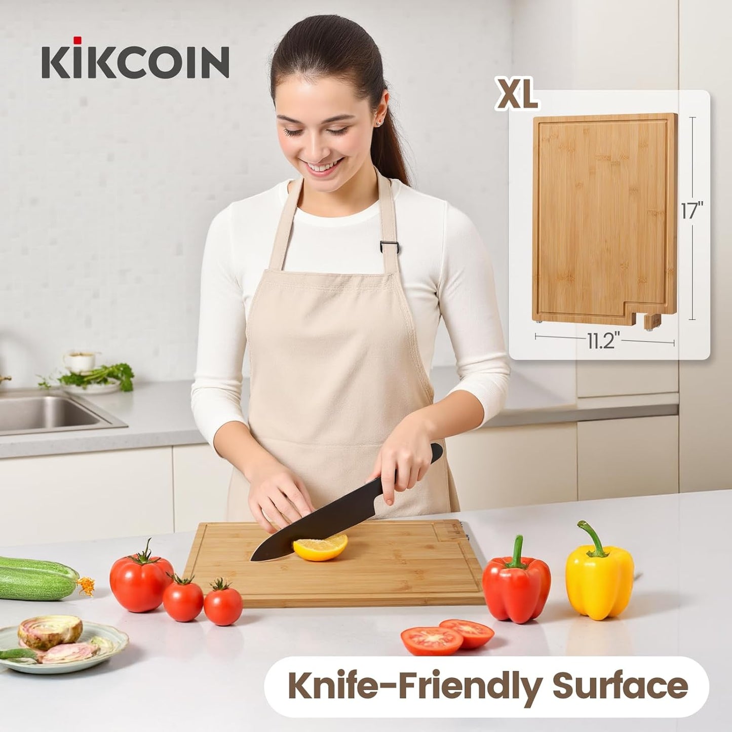 Bamboo Cutting Boards for Kitchen, Extra Large Wood Cutting Board with Rotating Kickstand & Juice Groove, Wooden Chopping Board for Meats Veges Fruits, Heavy Duty Serving Tray, 17 X 11.3 Inch
