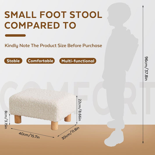 Small Foot Stool Ottoman, Sherpa Footstool Ottoman Foot Rest for Couch, Rectangle Footstools and Ottomans Small for Living Room, Entryway and Bedroom (White)