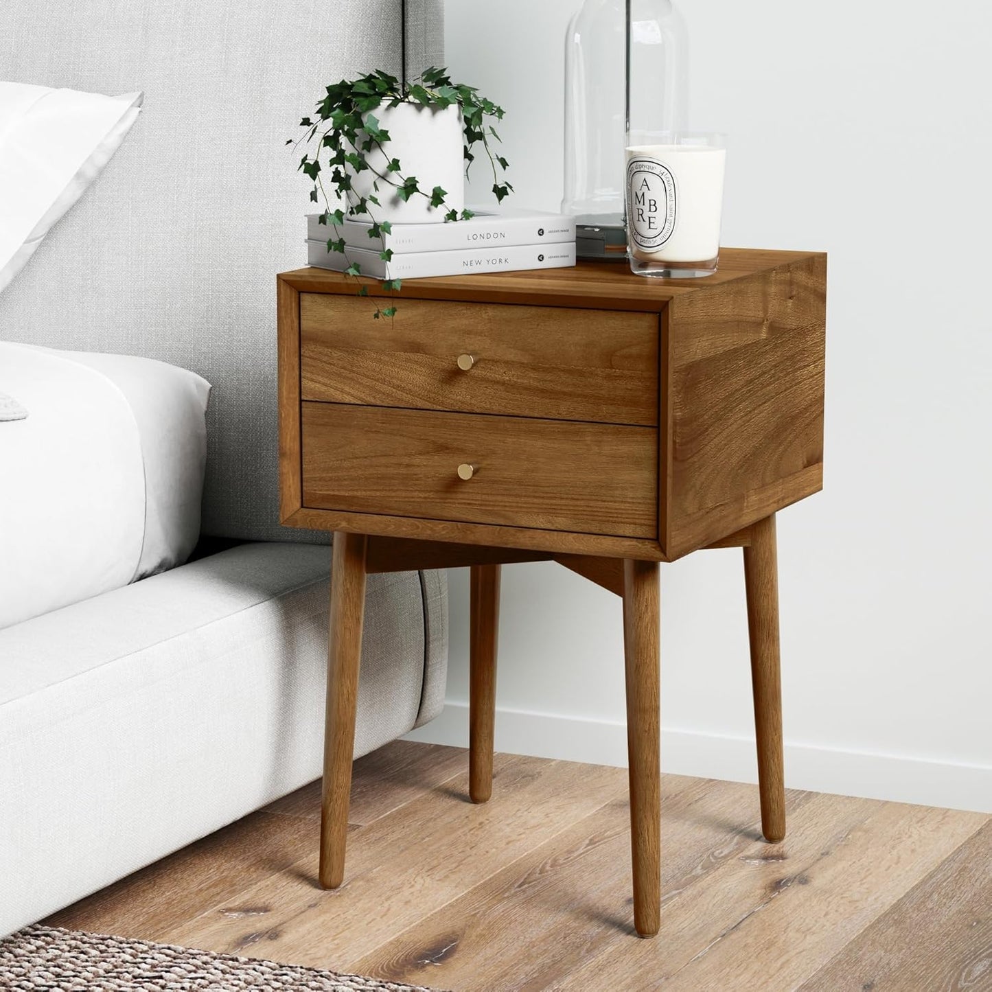 32704 Harper Mid-Century Oak Wood Nightstand with 2-Drawers, Small Side End Table with Storage, Brown