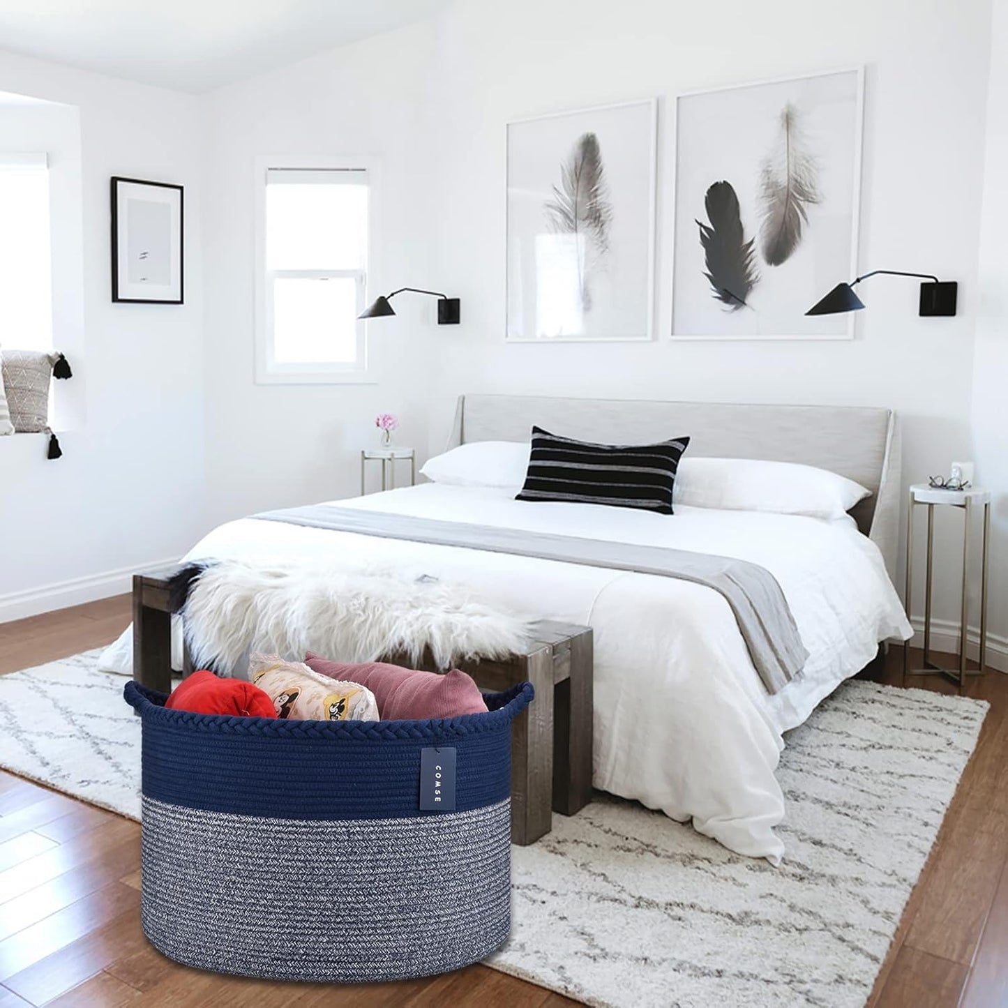 Extra Large Blanket Basket, Woven Laundry Basket, 21.7”X 13.8”, Nursery Hamper, Cotton Rope Laundry Hamper Living Room for Storage Toys Clothes Towels (Navy Blue)