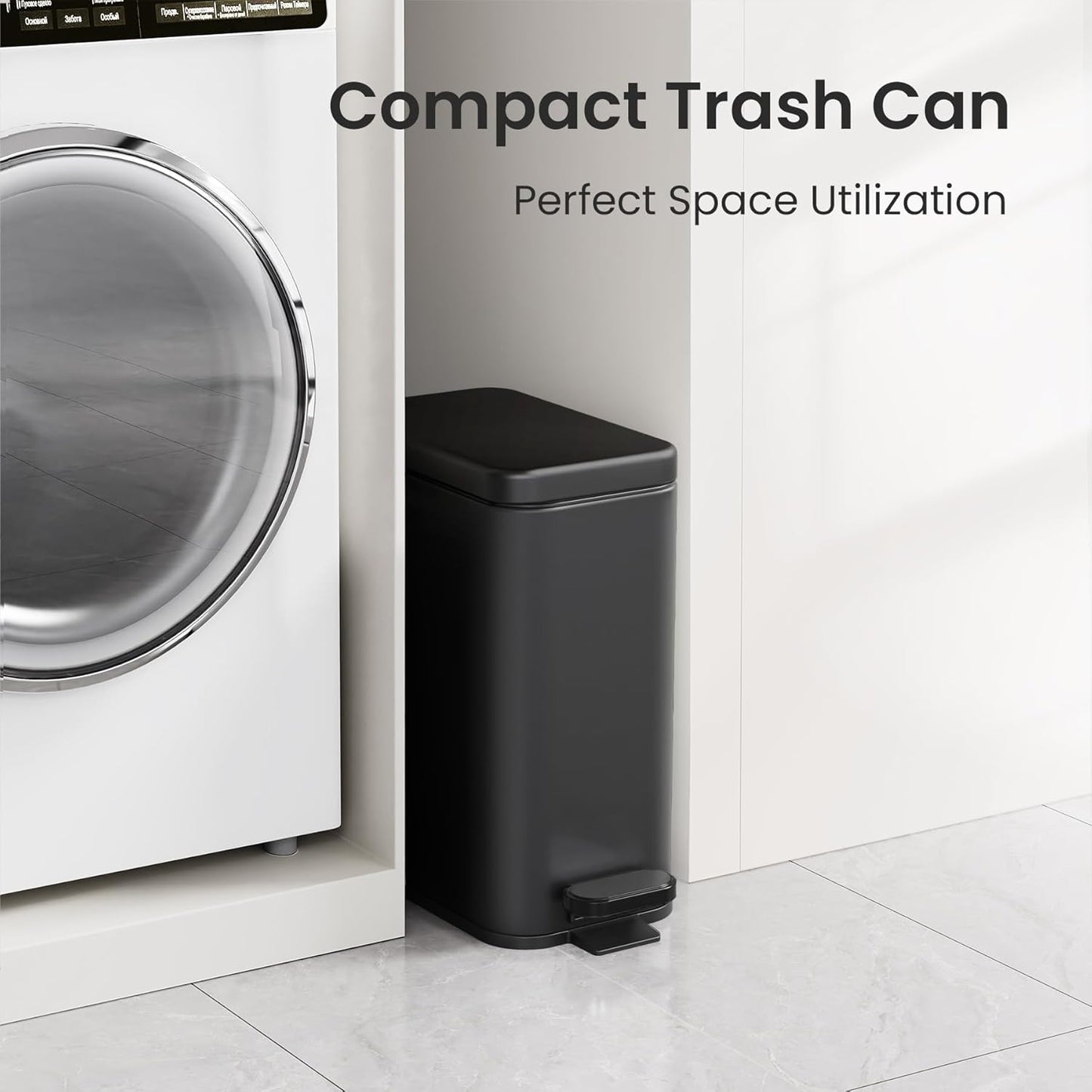 Bathroom Trash Can with Lid, 2.6 Gallon Small Black Bathroom Garbage Can Soft Close, Stainless Steel Waste Basket with Step Pedal for Bedroom, Laundry Room, Living Room, Home Office, Toilet, RV