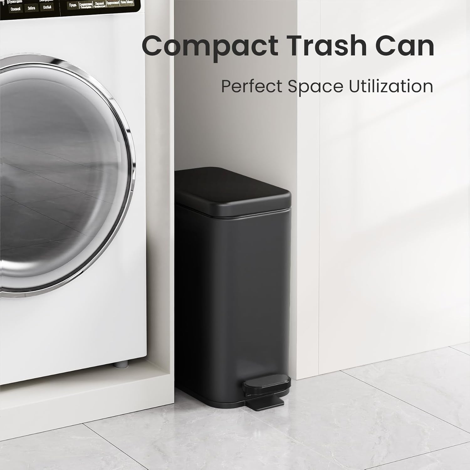 Bathroom Trash Can with Lid, 2.6 Gallon Small Black Bathroom Garbage Can Soft Close, Stainless Steel Waste Basket with Step Pedal for Bedroom, Laundry Room, Living Room, Home Office, Toilet, RV