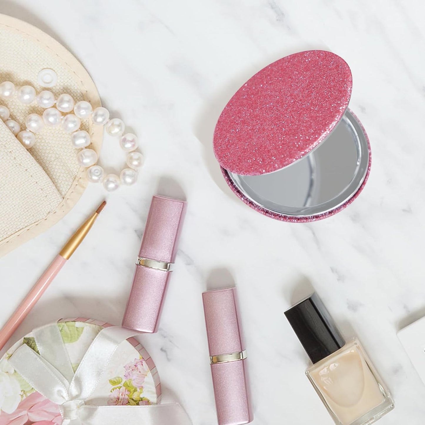 Double-Sided 1X/2X Magnifying Compact Mirror – Portable Metal Makeup Mirror for Purse, Ideal for Travel & On-The-Go Touch-Ups