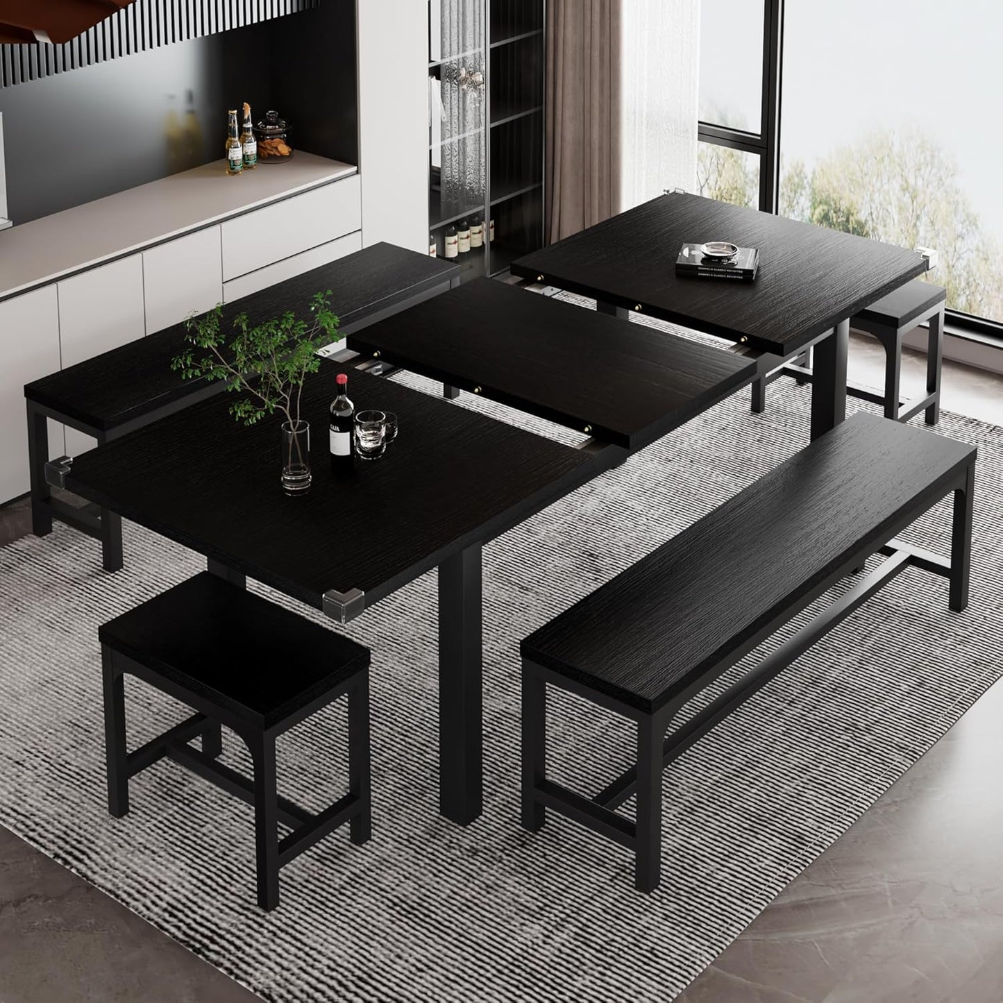 5-Piece Dining Table Set for 4-8 People, Extendable Kitchen Table Set with 2 Benches and 2 Square Stools, Mid-Century Dining Room Table with Metal Frame & MDF Board, Saving Space, Black
