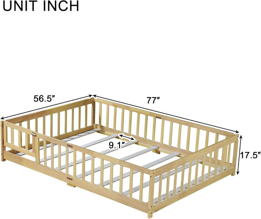Full Size Floor Bed with Slats and Safety Guardrail, Full Size Montessori Floor Bed with Fence and Door, Easy Assemble Montessori Beds for Kids, Girls, Boys, Natural
