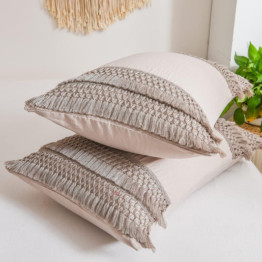 Taupe Pillowcases, Khaki Macrame Tassel Pillow Cases Set of 2, Soft Washed Microfiber, Taupe Decor Tassel Boho Pillow Cover, 2 Pack (King, Taupe Tassel)