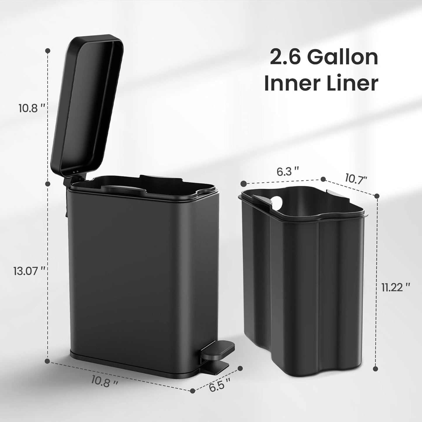 Bathroom Trash Can with Lid, 2.6 Gallon Small Black Bathroom Garbage Can Soft Close, Stainless Steel Waste Basket with Step Pedal for Bedroom, Laundry Room, Living Room, Home Office, Toilet, RV