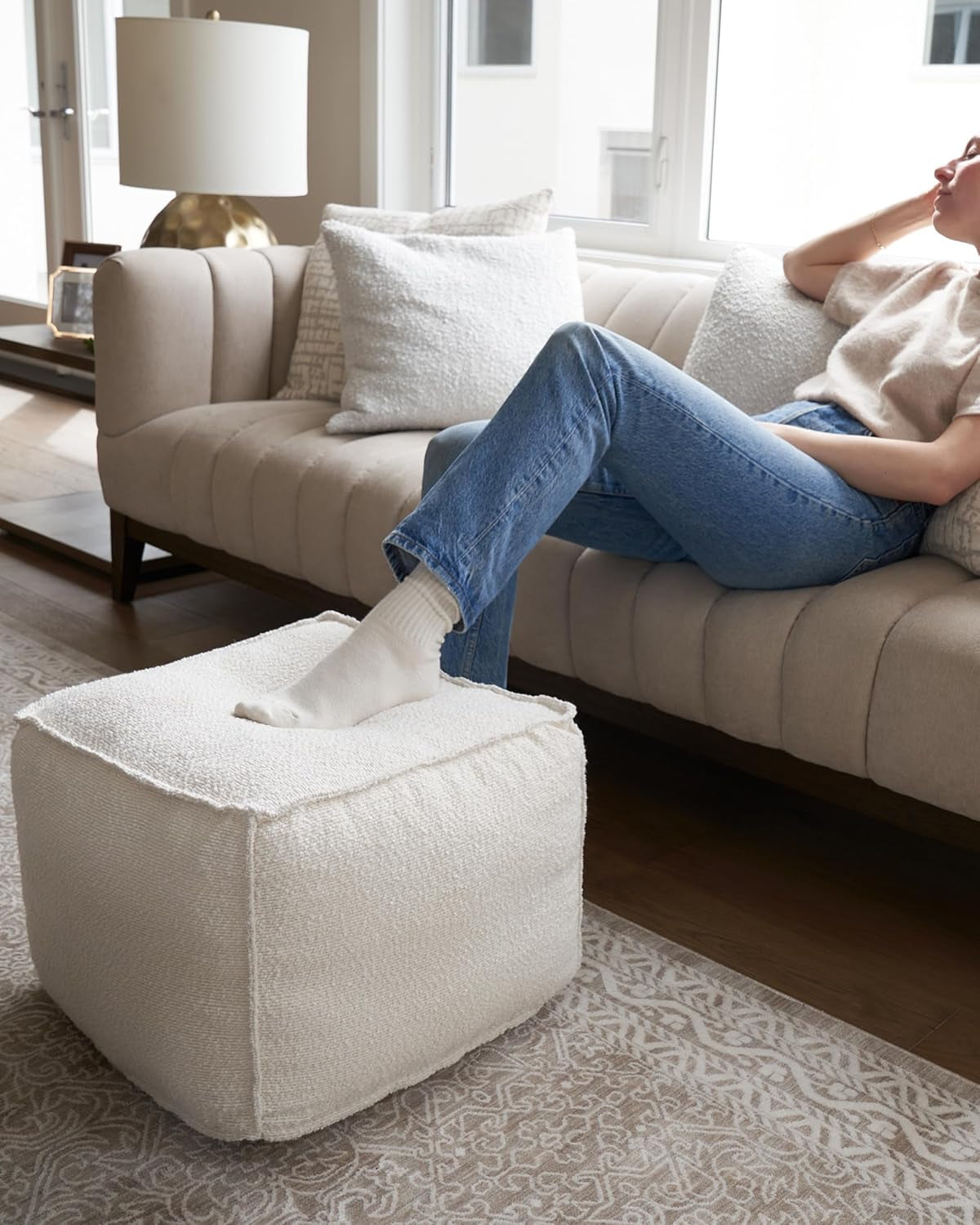 Beautiful Boucle Pouf Ottoman and Foot Rest - Elevate Your Living Room Decor with Lightweight Comfort and Charm - a round Modern Foam Filled Foot Stool Perfect to Rest Your Feet