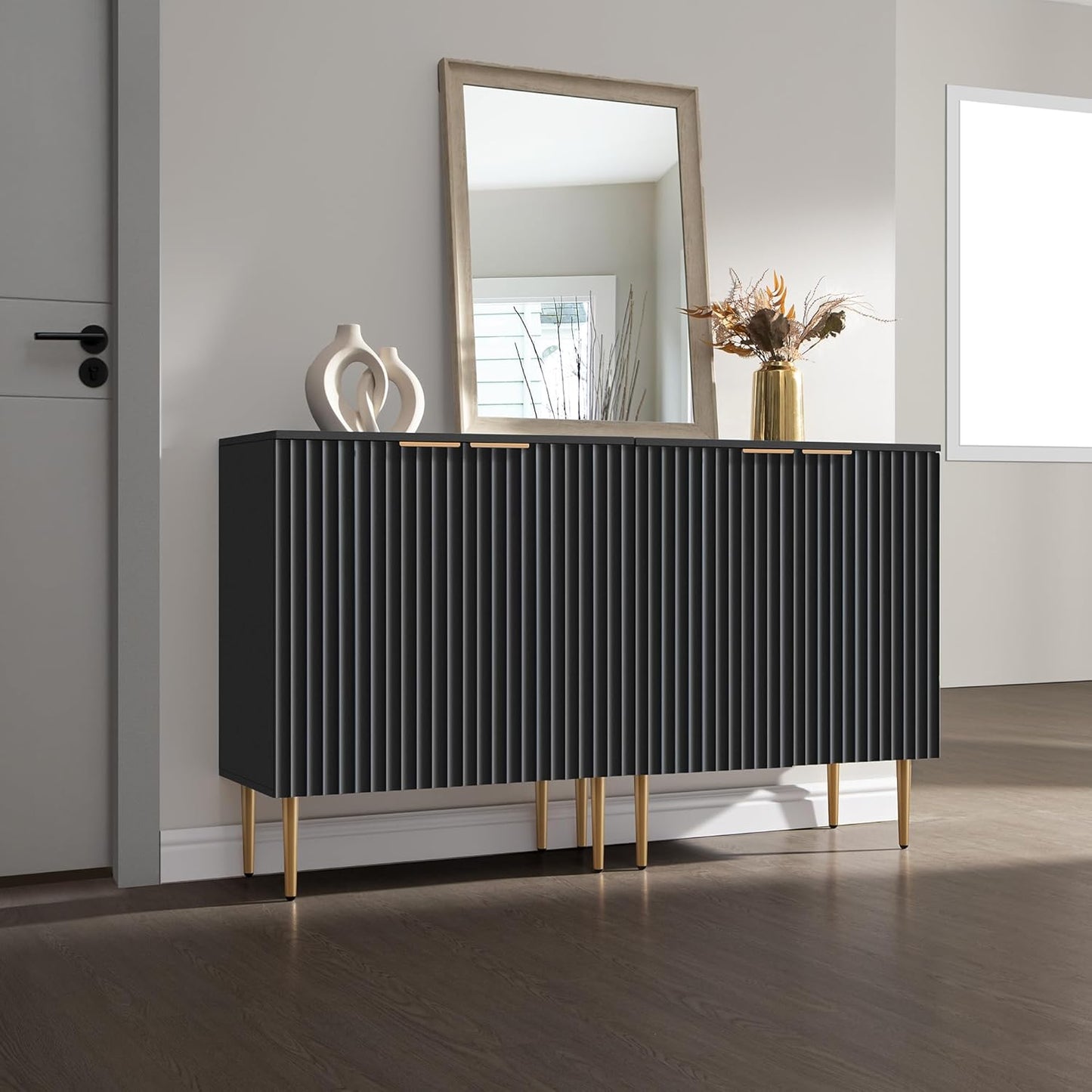57" Modern Sideboard Buffet Cabinet - Elegant Storage Credenza with 4 Doors & Adjustable Shelf, Space-Saving Console Coffee Bar Table for Entryway, Kitchen, Living Room or Hallway