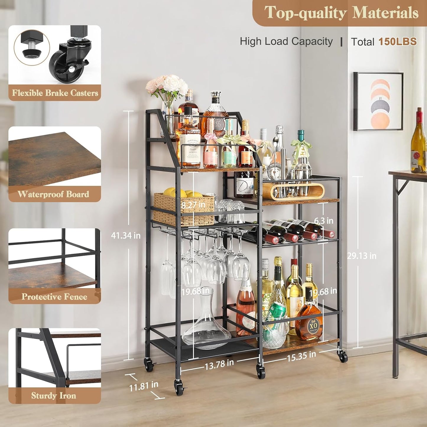 Rolling Bar Cart with Wine Glass Holder, Mini Bar for Whiskey Wine, Liquor Cart for Home, Alcohol Cabinet for Kitchen, Dining Room