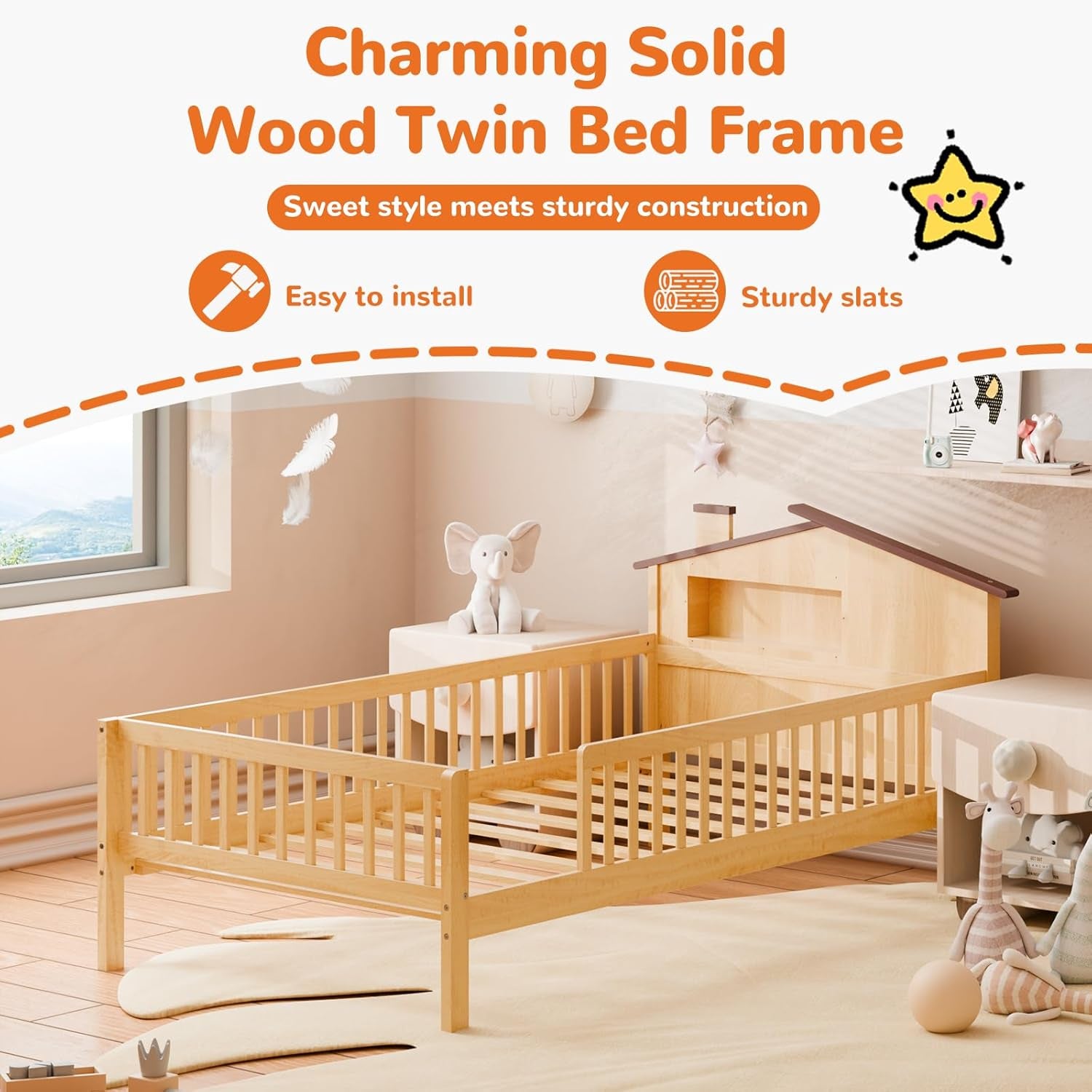 Twin Size Kids Bed with Storage - Solid Wood House Headboard & Safety Guardrails, Space-Saving Bed Frame, No Box Spring, Natural Brown
