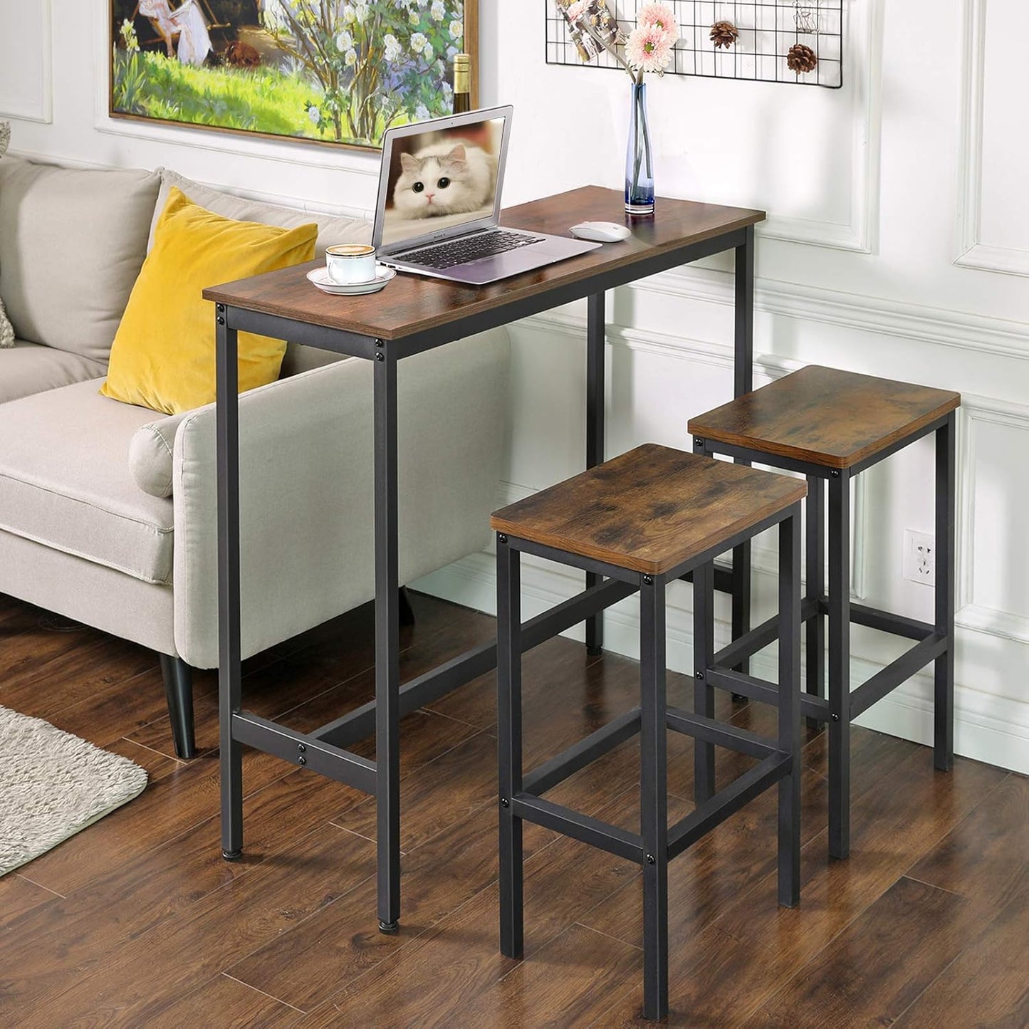 Bar Table, Narrow Long Kitchen Dining Table, Sturdy Metal Frame, Industrial, 15.7 X 55.1 X 35.4 Inches, Rustic White and Ink Black ULBT140B73
