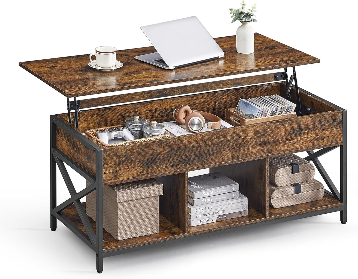 Lift Top Coffee Table, Lift Coffee Table with Storage Shelf, Hidden Compartments and Lifting Top, for Living Room, Office, 19.7 X 47.2 X (19.3-24.4) Inches, Rustic Brown and Black ULCT212B01