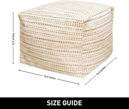 Unstuffed Ottoman, Cozy & Bohemian Pouf Covers, Hand Crafted Casual Seating, Footrest, Square Floor Pillow for Home, Office, Bedroom, Living Room, 16.5" X 16.5"X 12.9", Beige-Off White