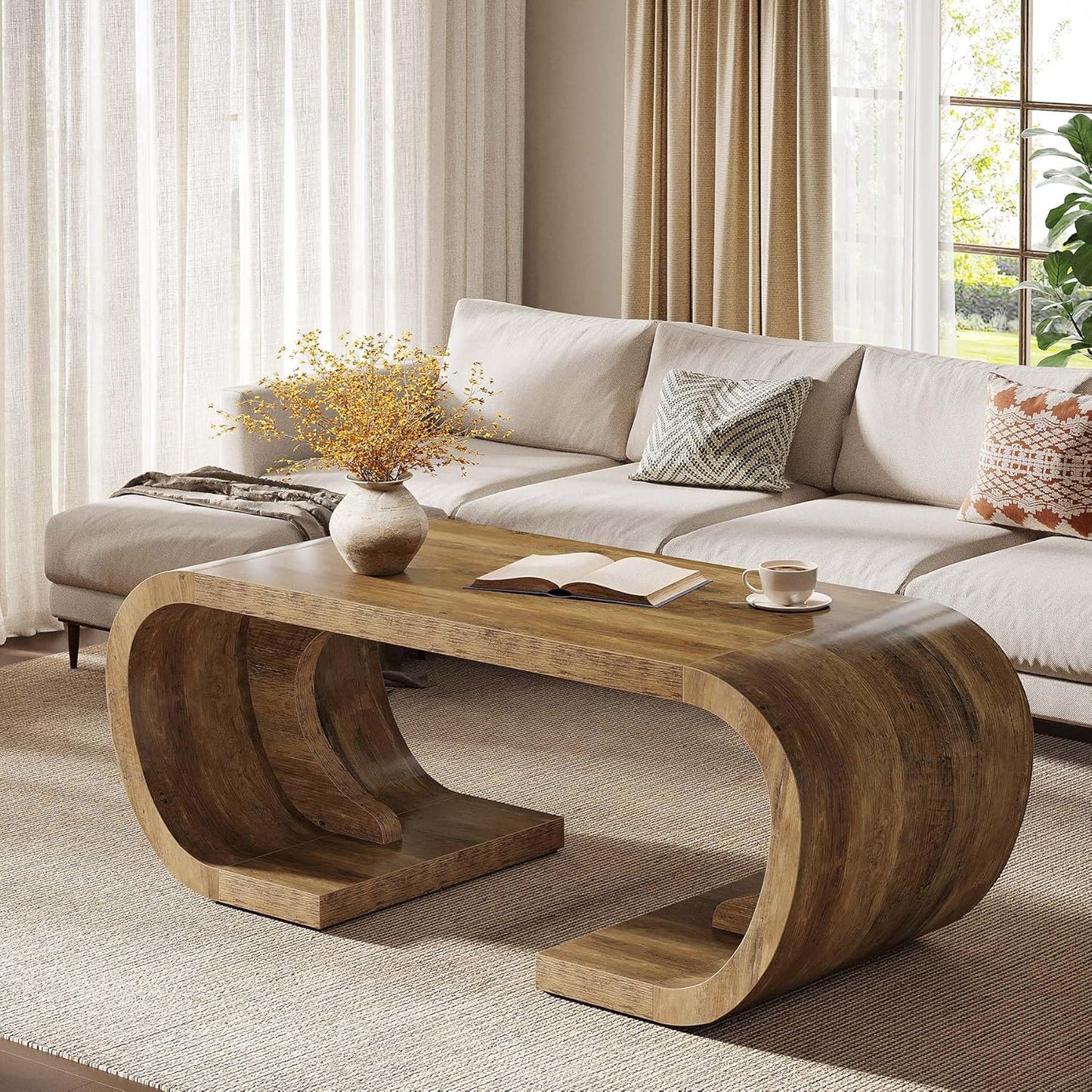 Rustic brown farmhouse C-shaped coffee table with curved base, view 9