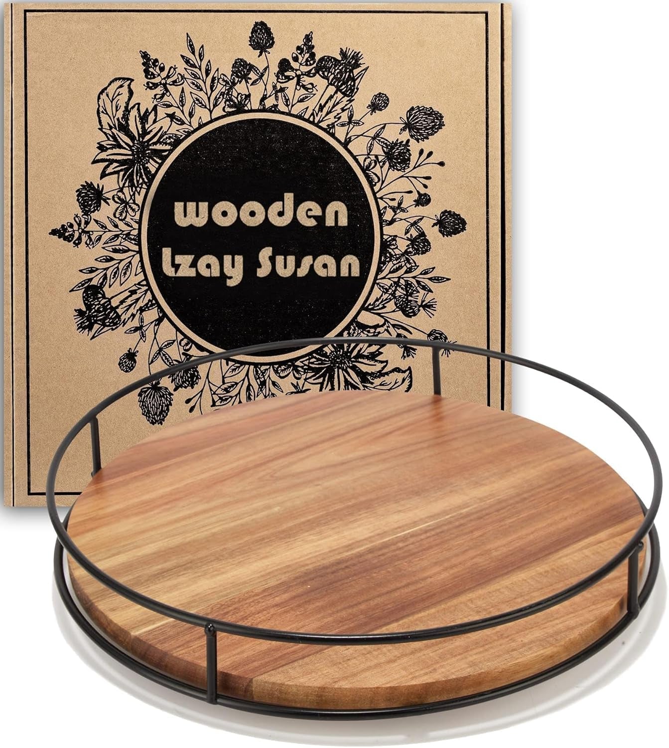 12" Acacia Wood Lazy Susan Turntable, Kitchen Organizer Turntable with Steel Sides, 360 Degree Lazy Susan for Countertop Cabinet or Dining Table(Black)