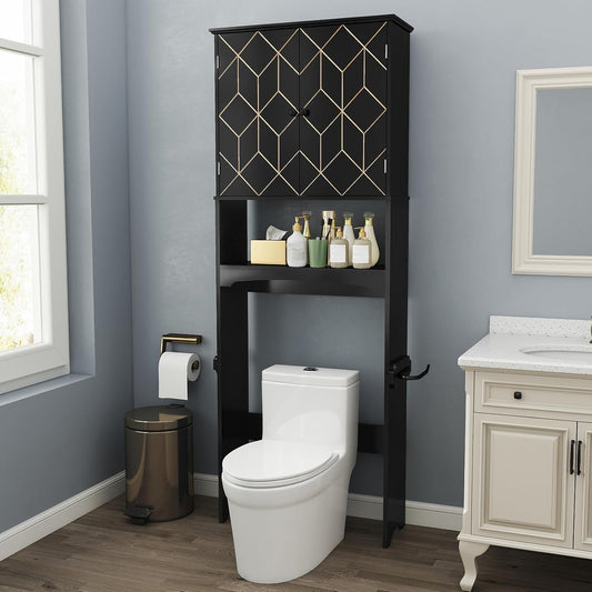 over the Toilet Storage Cabinet with Gold Trim,Modern Bathroom Cabinet over Toilet with Adjustable Shelves and Toilet Paper Holder,Over Toilet Organizer Space Saver for Bathroom (Black)