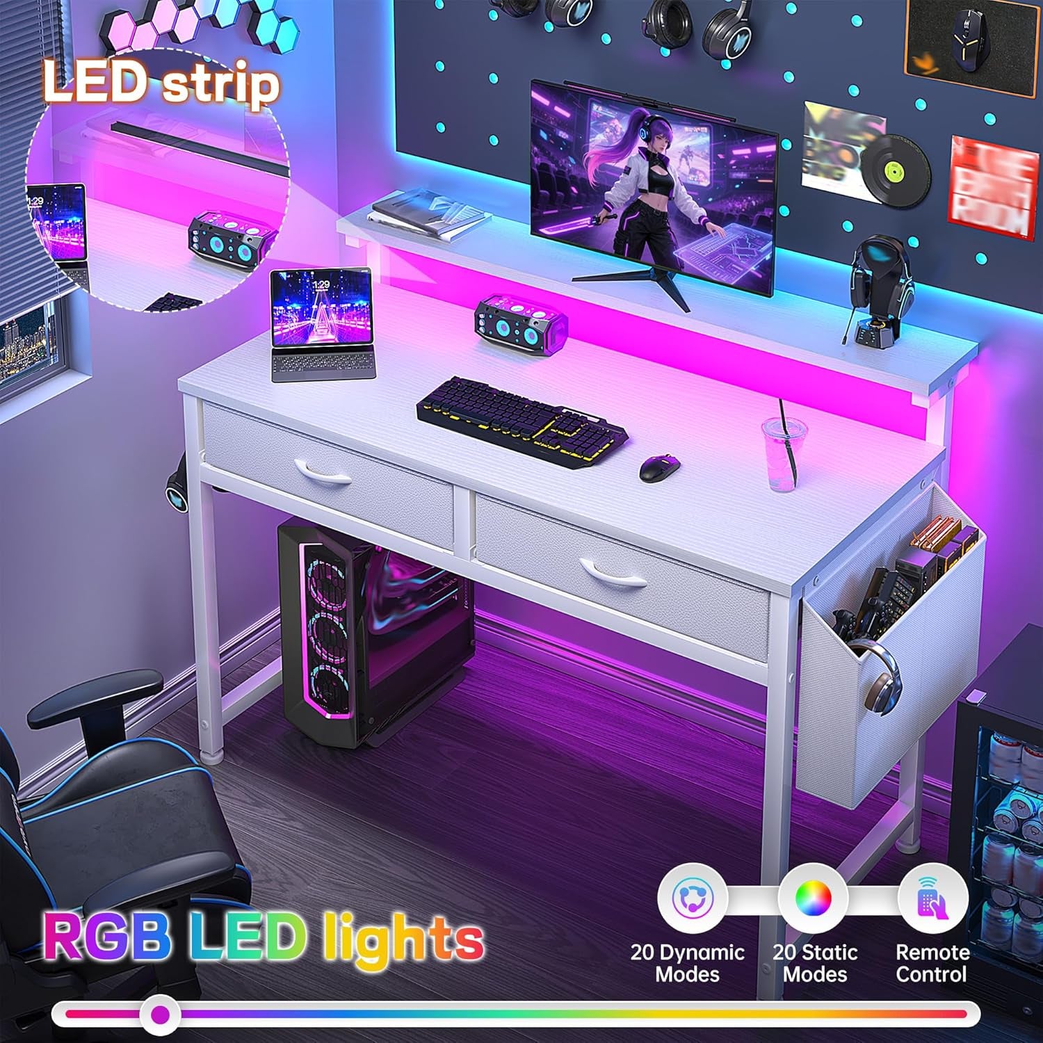 Computer Desk with 2 Drawers & LED Lights,31.5 Inch Home Office Desks with Side Pocket and Monitor Stand,Study Writing Table for Small Spaces,White