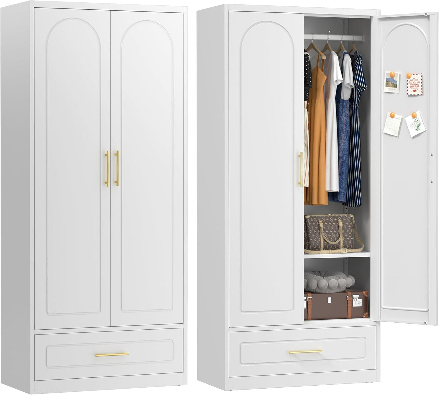 Armoire Wardrobe Closet with Doors, 71'' Wardrobe Cabinet with Hanging Rod, Metal Closet with 2 Adjustable Shelves for Bedroom School, Employee, Gym, Armarios De Ropa Para Dormitorio, White