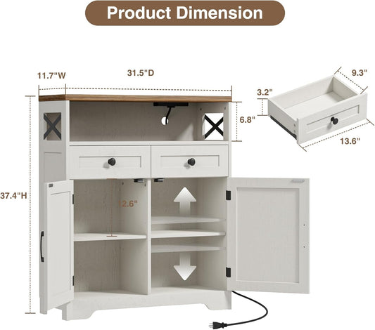 31.5" White Storage Cabinet with Doors and Drawers, Farmhouse Sideboard Buffet Cabinet with Storage, Kitchen Pantry Hutch, Coffee Bar Table Station for Kitchen, Livingroom, Dining Room