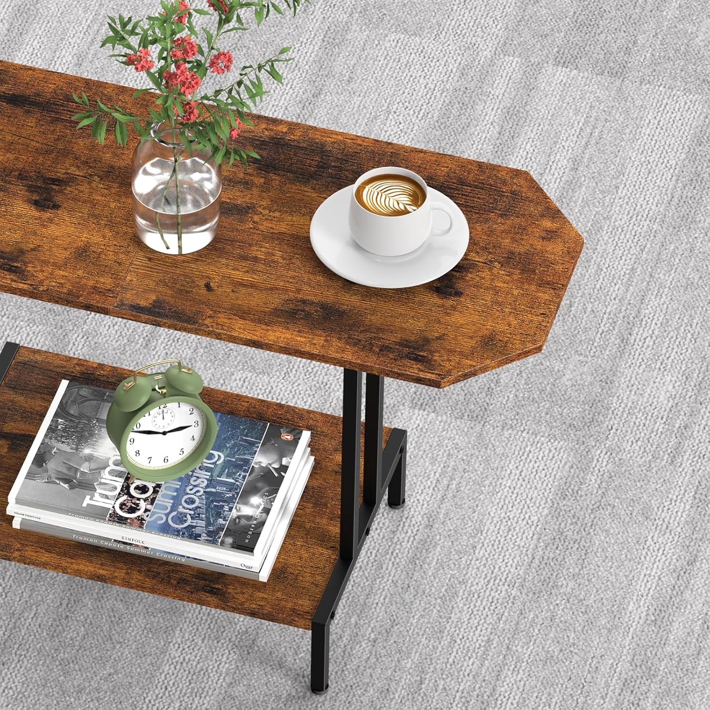 Brown rustic 2 tier coffee table with storage shelf, view 8