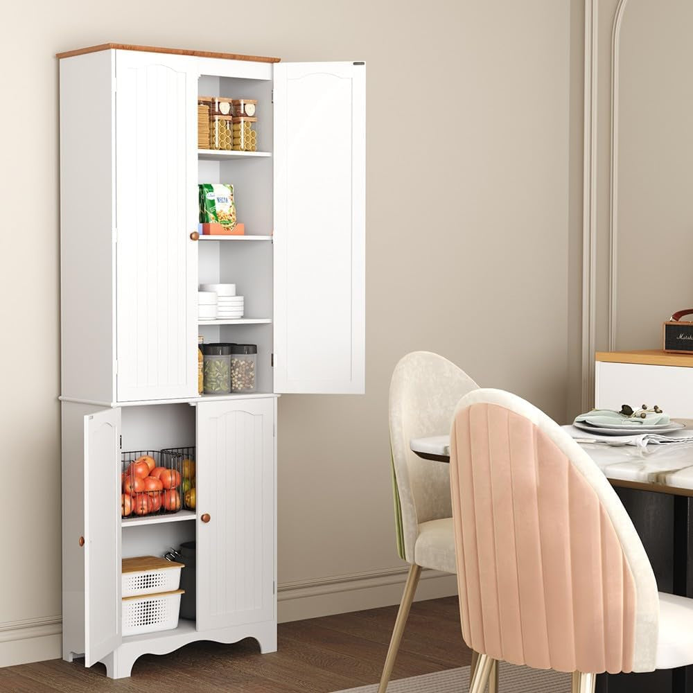 72" Kitchen Pantry Cabinet, Freestanding Storage Cabinets, Tall Food Pantry with Doors and Adjustable Shelves, Utility Floor Cabinet for Kitchen Dining Room Living Room, White