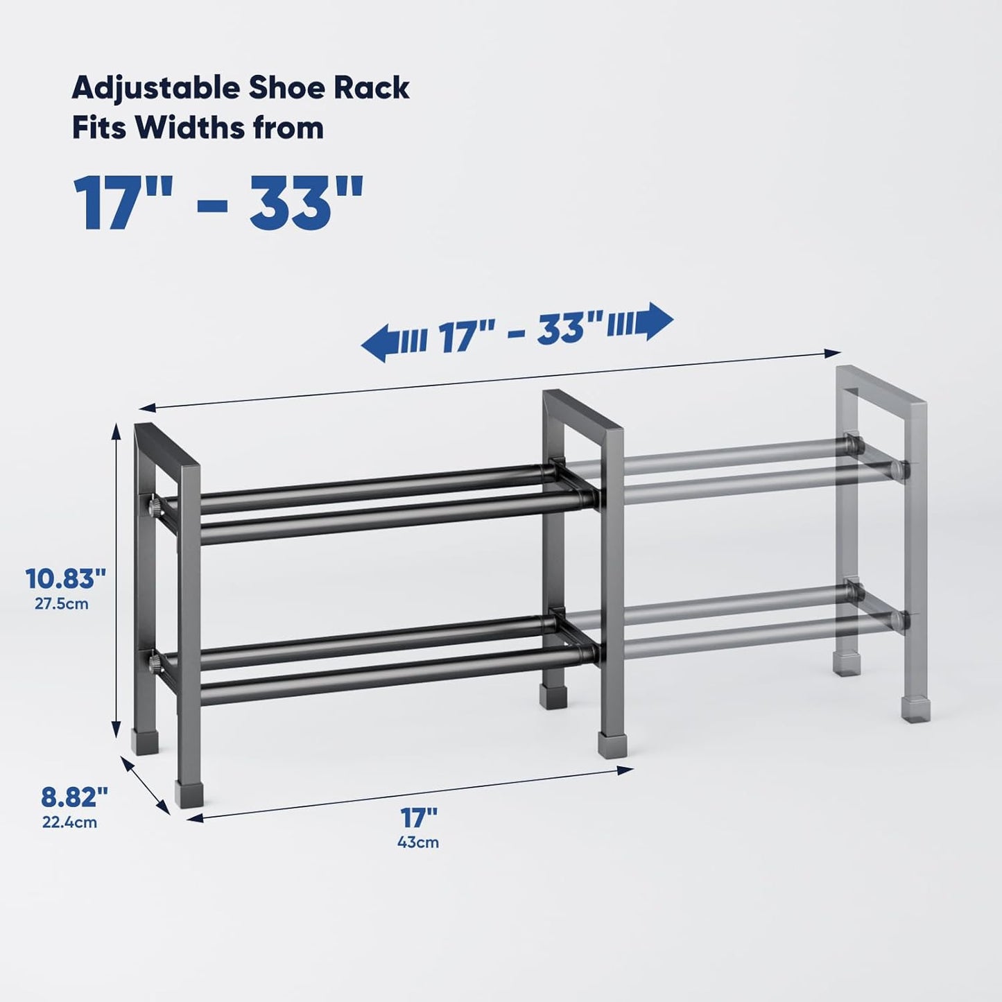 2-Tier Expandable Shoe Rack,17"-33" Adjustable Shoe Rack for Closet,Metal Shoes Shelves for Front Door Entrance, Garage & Corridor, Free Standing Shoe Holders, Easy to Assemble,Black