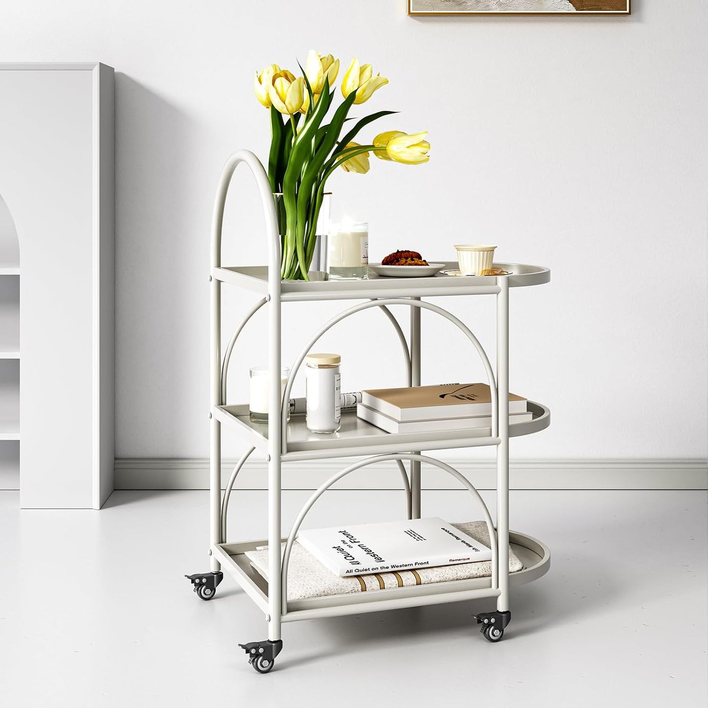 Bar Cart,Metal Serving Cart for the Home,Small Coffee Cart,Drink Cart,Beverage Cart with Lockable Wheels,Mobile Rolling Cart for Kitchen Living Room (White)