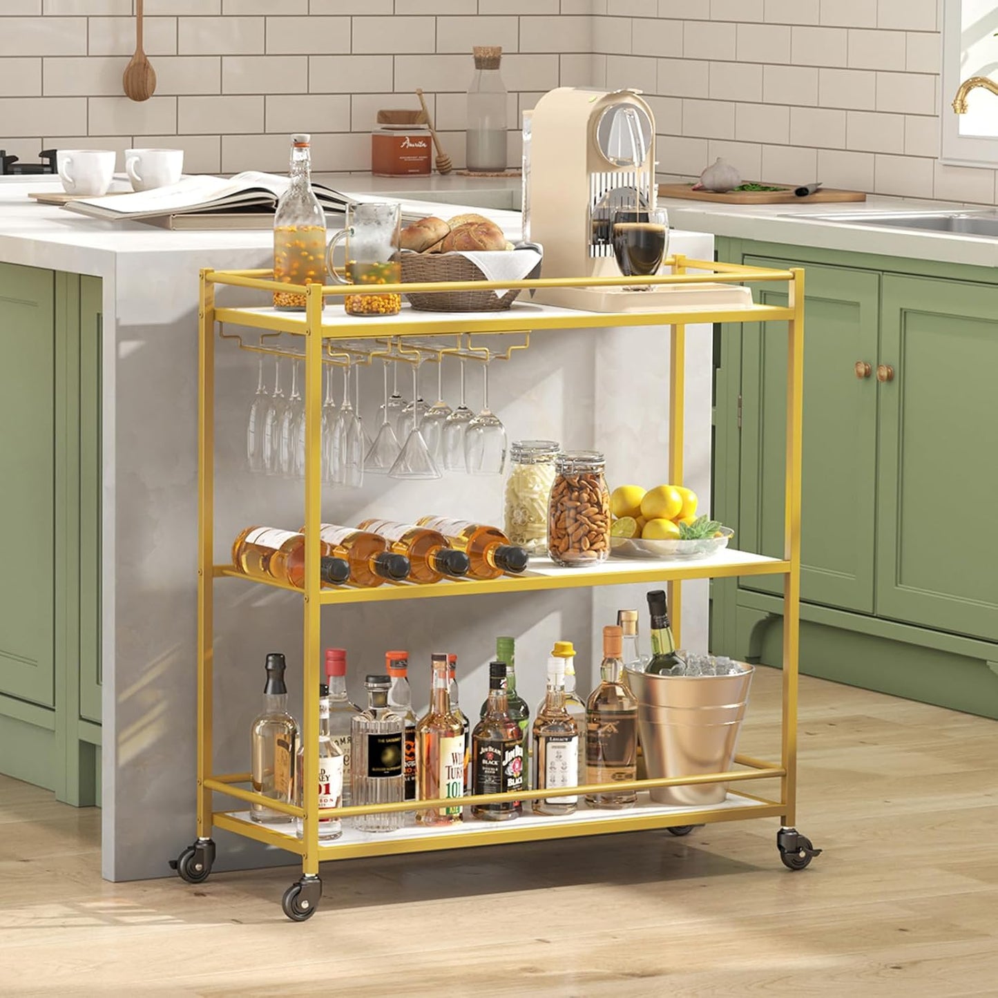 Bar Cart Gold, 3 Tier Wine Rolling Cart with Lockable Wheels, 12 Glass Holders and 4 Wine Rack, Home Serving Drink Liquor Cart for Kitchen Dining Living Room, 31.6" X 13.1" X 33.9", Gold