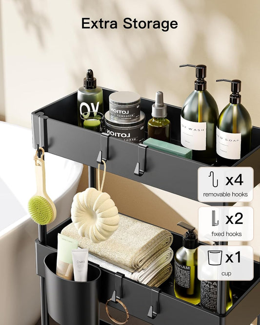 Slim Storage Cart with Wheels - 3 Tier Bathroom Organizers and Storage Cart - Rolling Carts for Bathroom, Kitchen, Narrow Space, Laundry Room,Black