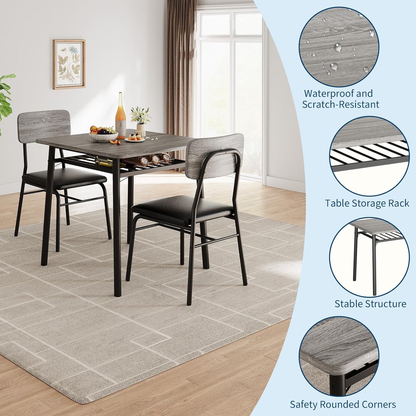 3-Piece Dining Table Set for 2 with Storage Rack, Wood Kitchen Table with Upholstered Chairs Set of 2, Small Square Table Set with Metal Legs Support, for Dining Room, Living Room