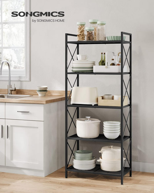 5-Tier Metal Storage Rack, Shelving Unit with X Side Frames, Dense Mesh, 12.6 X 23.6 X 57.3 Inches, for Entryway, Kitchen, Living Room, Bathroom, Industrial Style, Ink Black UBSC165B01