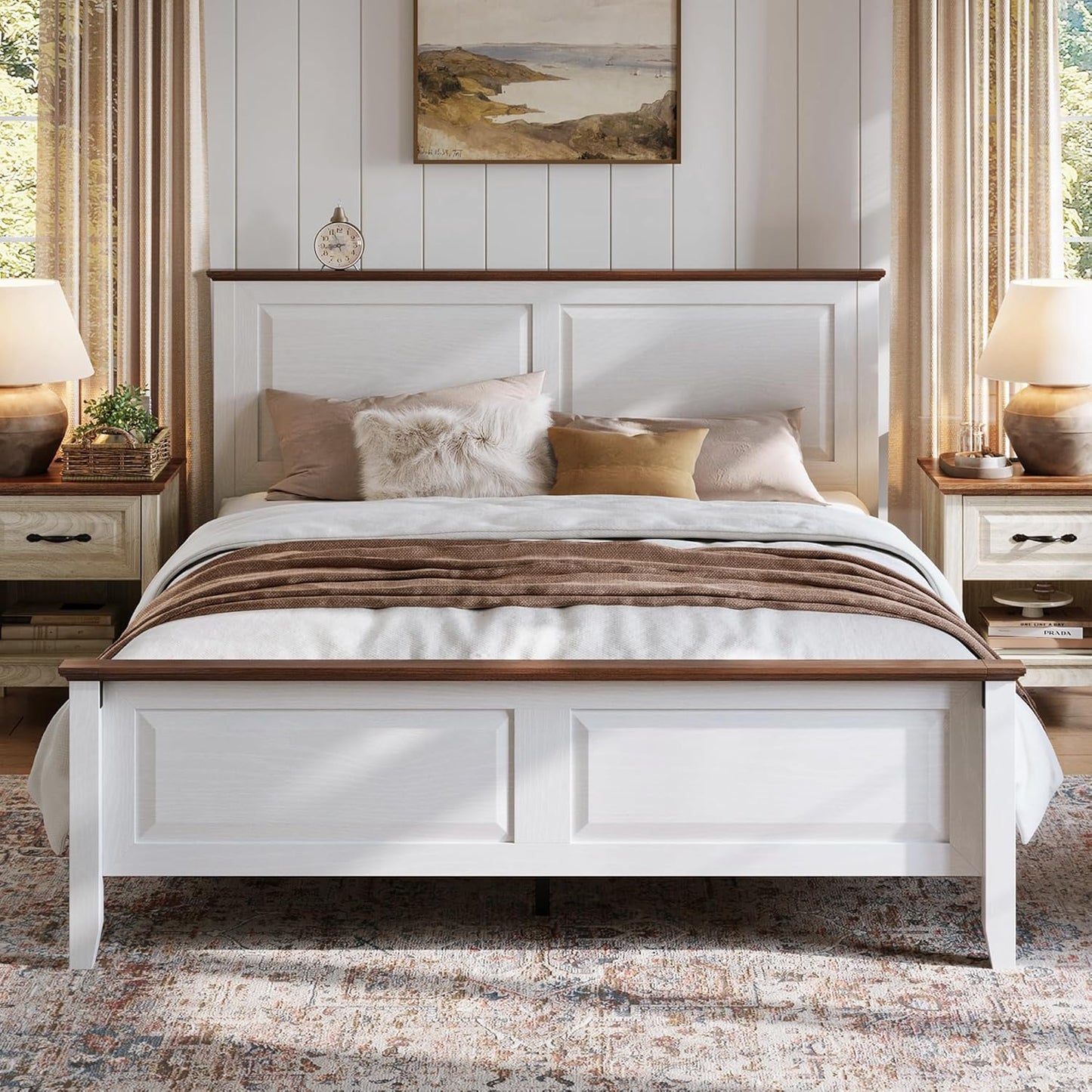 Farmhouse Bed Frame, Full Bedframe with Headboard and Footboard, Wooden Bed Frame with Solid Wood Slats, Rustic White Platform Bed Frames Full Size, No Box Spring Needed