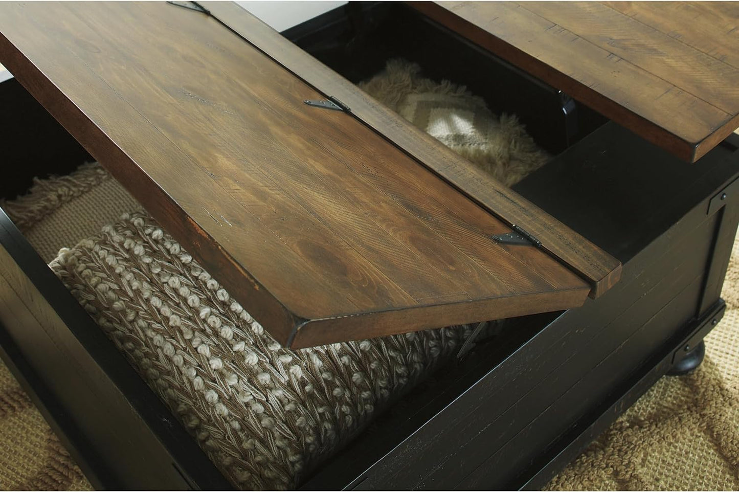 Valebeck Lift Top Coffee Table, Storage, Split-Top Design, Wood, 36" W X 36" D X 18" H, 2-Tone Distressed Brown & Black Finish