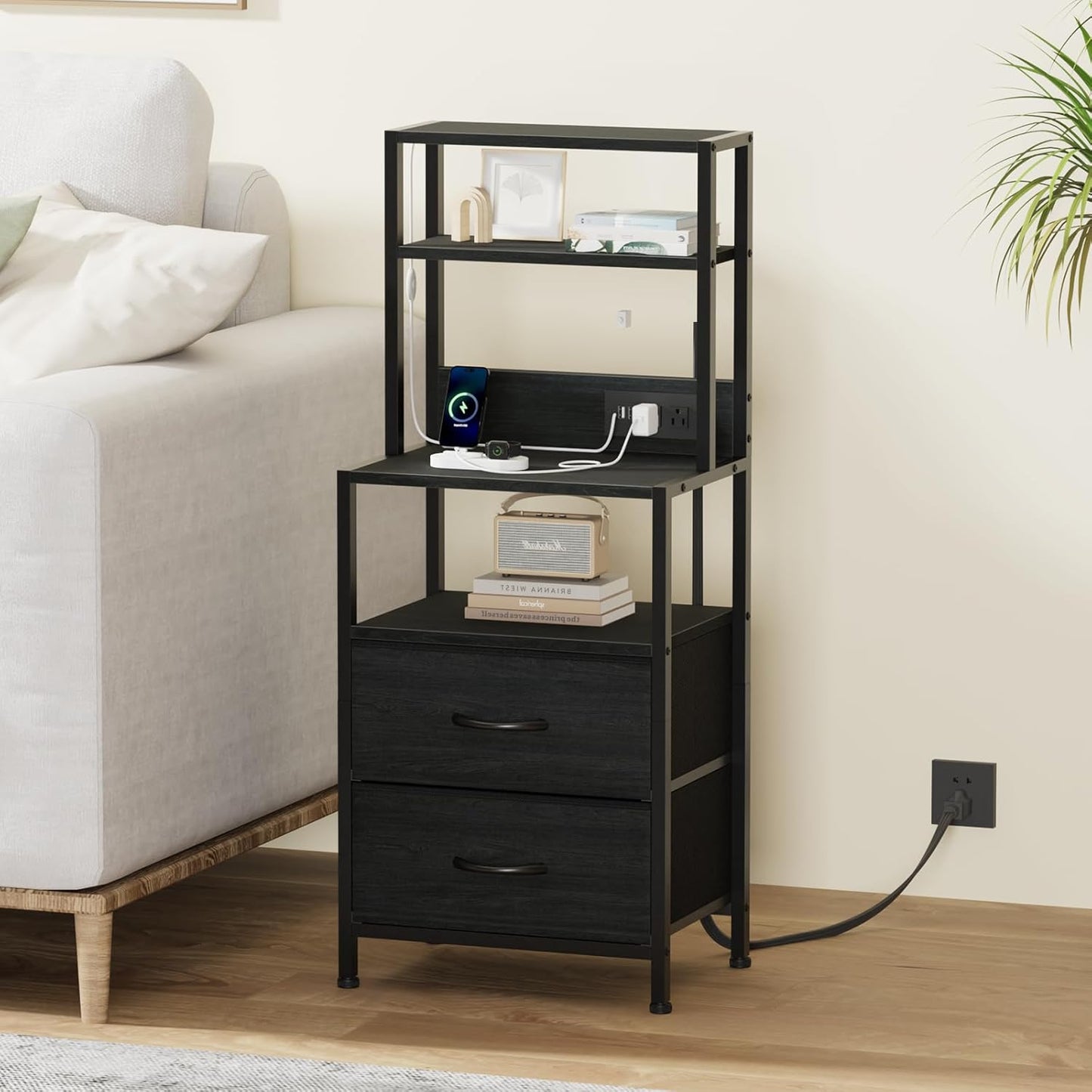Night Stand, Tall Nightstand with 4-Tier Shelves, 2 Fabric Drawers and Light Tube, Bed Side Tables with Charging Station, Bedside Table for Bedroom, Office, Black Oak