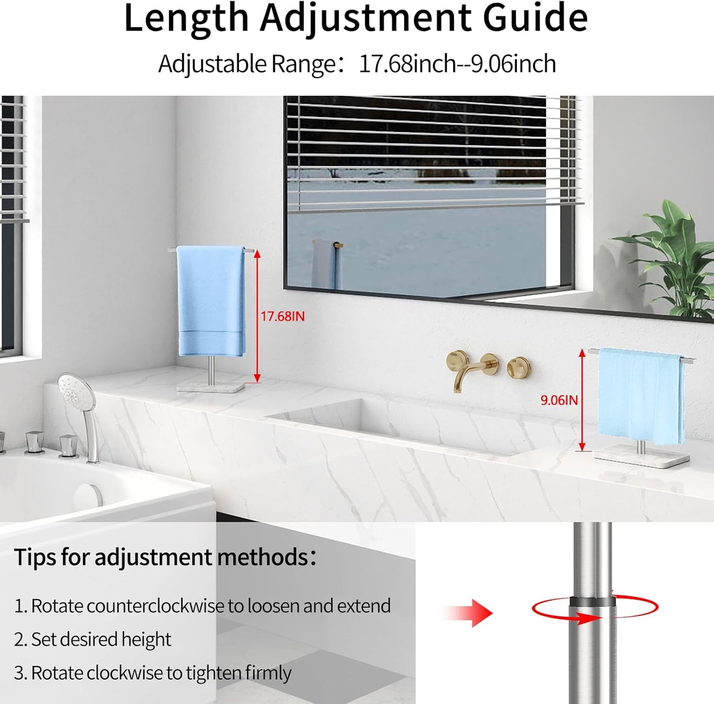 Hand Towel Holder Stand, T-Shape Hand Towel Rack for Bathroom, Hand Towel Stainless Steel for Kitchen Vanity Countertop, Marble Base Brushed Adjustable 9.06" -17.68"