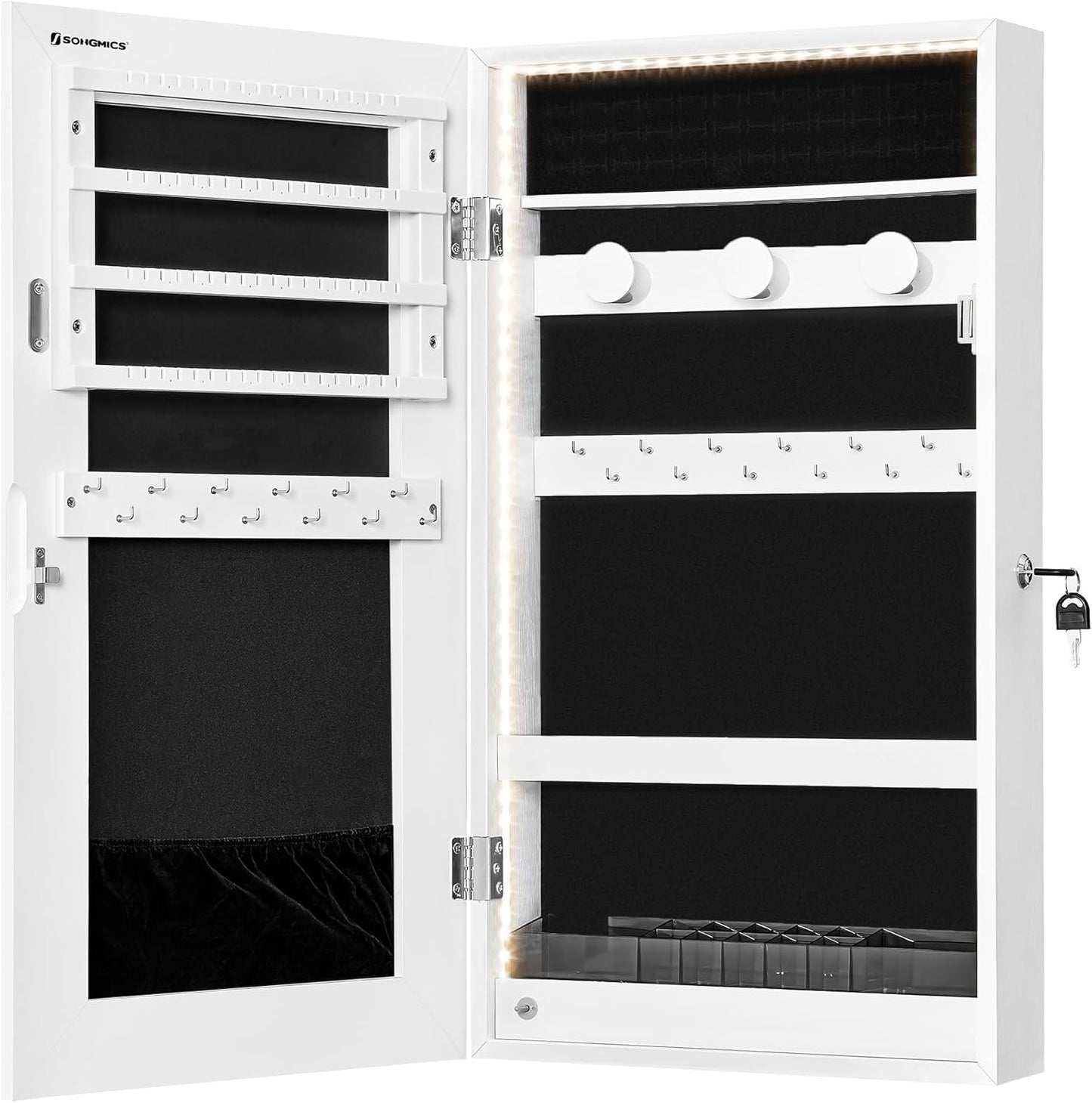 Mirror Jewelry Cabinet Armoire with Built-In LED Lights, Wall or Door Mounted Jewelry Storage Organizer, 3.8 X 14.6 X 26.4 Inches Hanging Mirror Cabinet, Gift Idea, White UJJC050W01