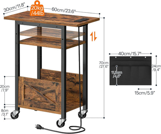 3-Tier Mobile PC Stand, Adjustable Computer Tower Stand with Power Strip and Lockable Wheels, with Fabric Pocket, PC Holder for Speakers, Printers, Office, Rustic Brown and Black BF37UCJ01