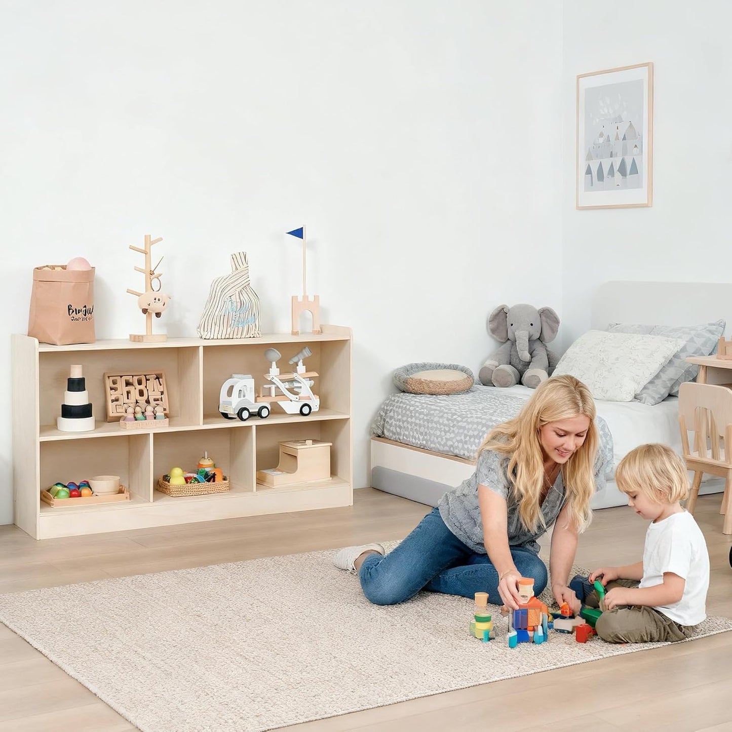 Wooden Toy Shelf for Kids, Montessori Book & Toy Organizer with Open Shelving, 5-Section Customizable Layout for Kids’ Room, Playroom & Classroom