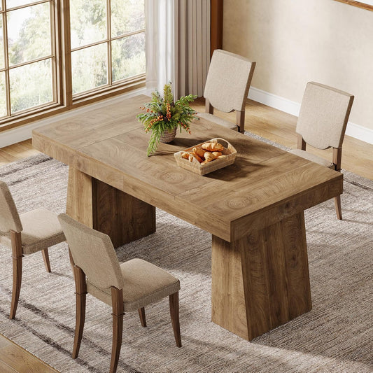 Dining Room Table for 4-6, 55-Inch Mid-Century Modern Dining Table with Double Pedstral, Rectangular Wood Kitchen Dinner Table for Dining Room, Kitchen, Home, White