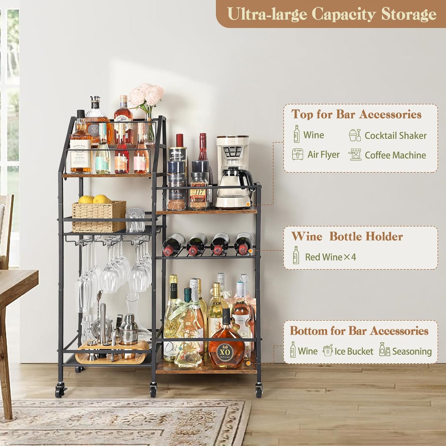 Rolling Bar Cart with Wine Glass Holder, Mini Bar for Whiskey Wine, Liquor Cart for Home, Alcohol Cabinet for Kitchen, Dining Room
