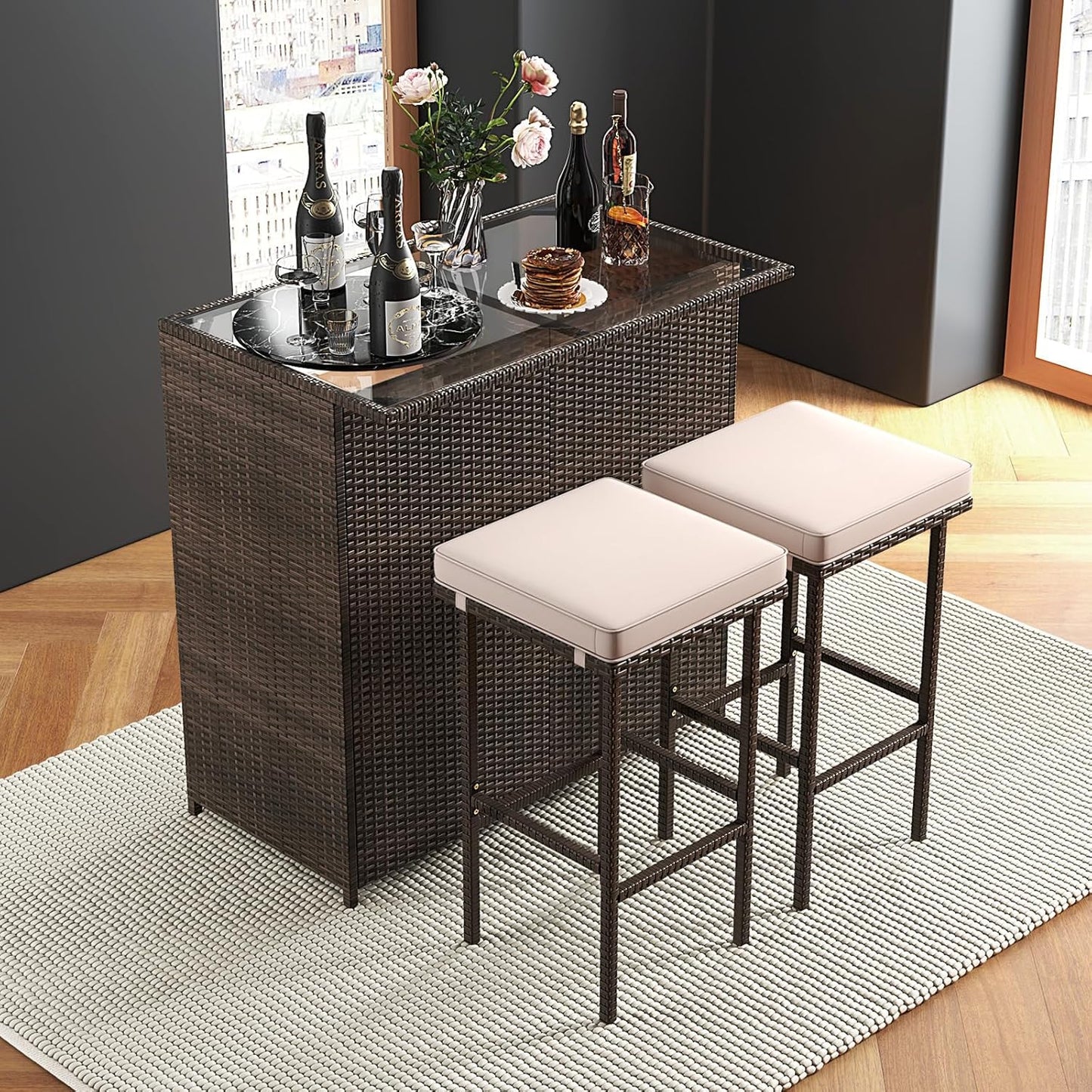 3 Piece Patio Bar Set, Outdoor Rattan Bar Table and 2 Stools with Tempered Glass Tabletop, 2-Tier Storage, Removable Cushions, outside Wicker Conversation Set