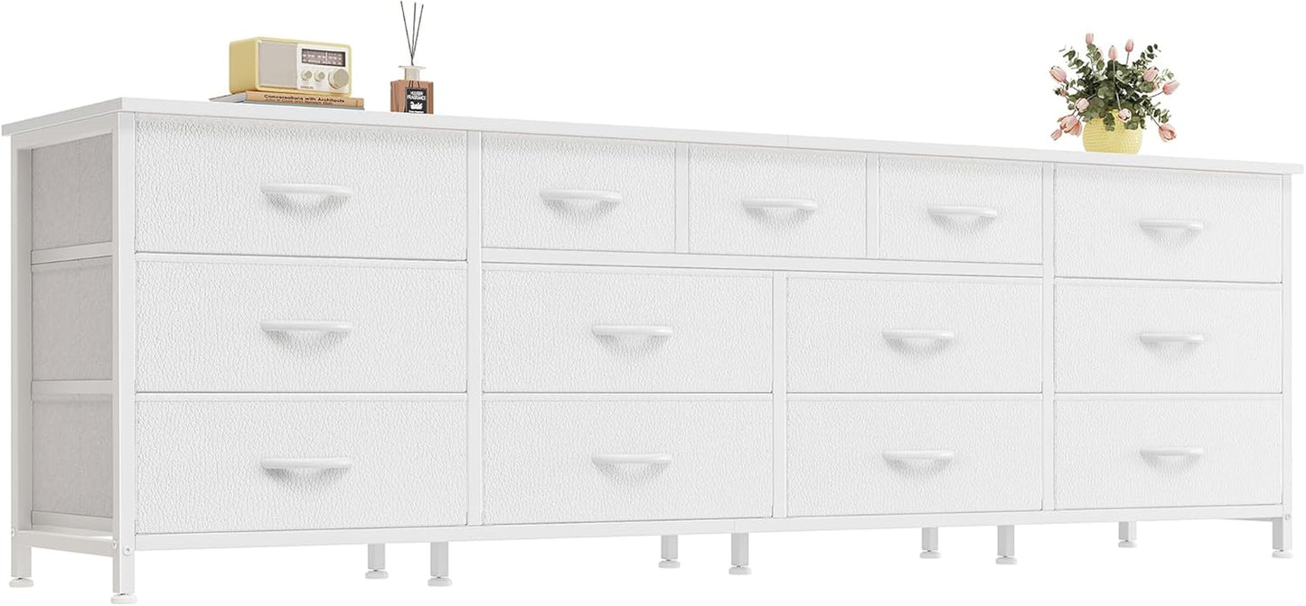 70 Inch White Dresser for Bedroom, TV Stand for 65, 75, 80 Inch TV, 13 Fabric Drawer Long Dresser, Wide Chest of Drawer, Storage Units for Bedroom