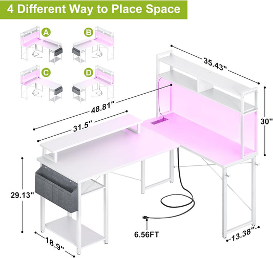 Small L Shaped Desk Gaming Desk with Power Outlets, 48" Reversible L Shaped LED Computer Desk with Monitor Stand & Storage Shelf, Corner Gamer Desk Home Office Desk with Storage Bag, White