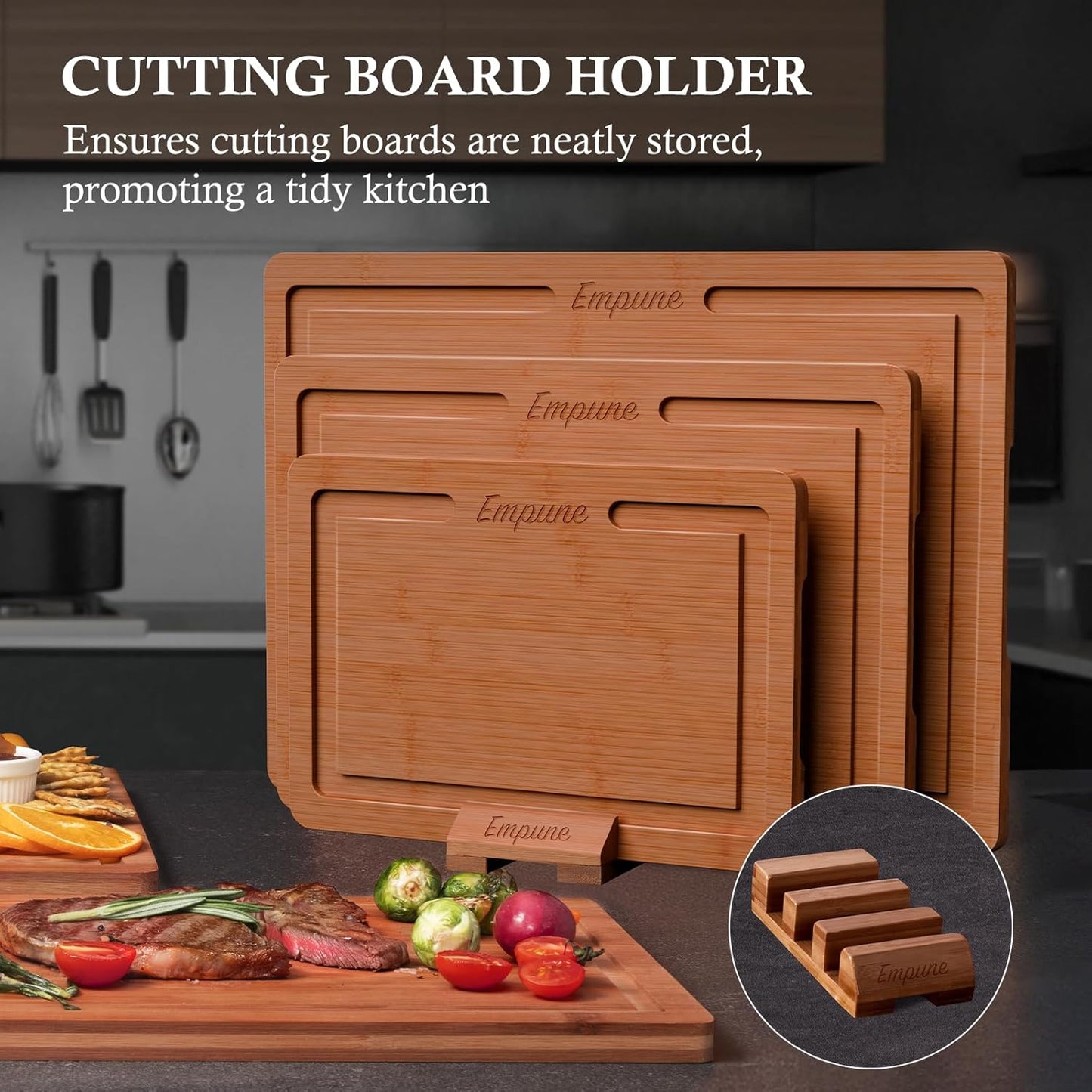Bamboo Cutting Board Set, Wood Cutting Boards for Kitchen with Holder Wooden Chopping Board for Meal Prep & Serving, Brown