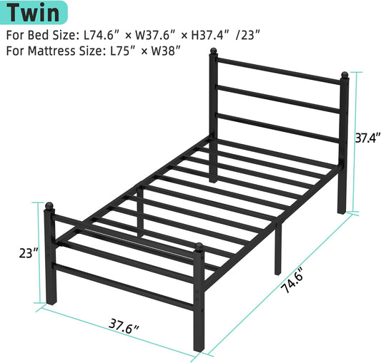 Twin Bed Frames with Headboard and Footboard, 14 Inch Metal Platform Twin Size Bed Frame with Steel Slat Support, No Box Spring Needed, Noise Free, Easy Assembly, Black